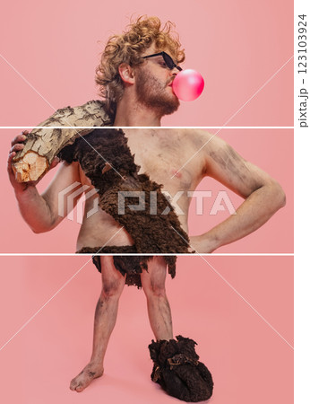 Collage. Cropped body parts of man in character of neanderthal posing isolated over pink background 123103924
