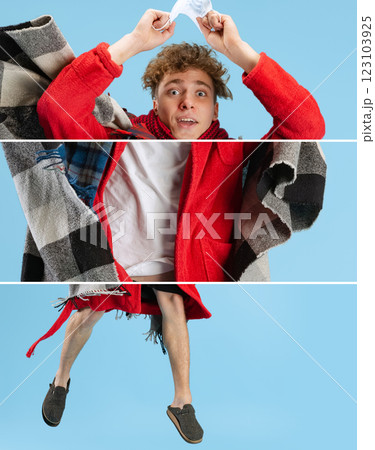 Collage of young sick boy having flu and cold, jumping in homewear isolated over blue background. 123103925