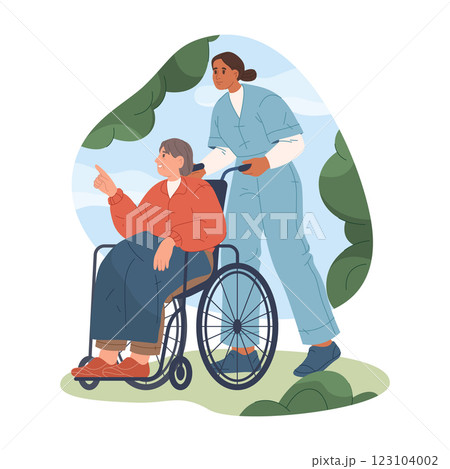Nurse helping elderly woman in wheelchair walking outside. Vector healthcare walker assisting senior or old patient outdoor. Support for mobility and cure at nursing home or retirement center. Health 123104002