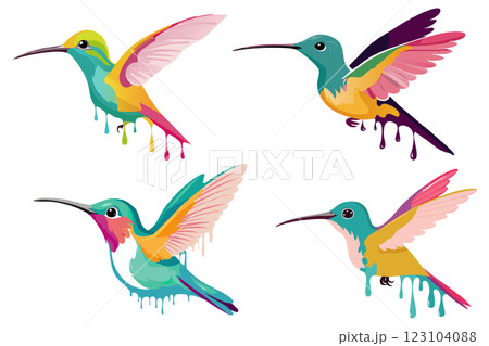 Colorful hummingbird collection watercolor art illustration liquid fluid texture 123104088