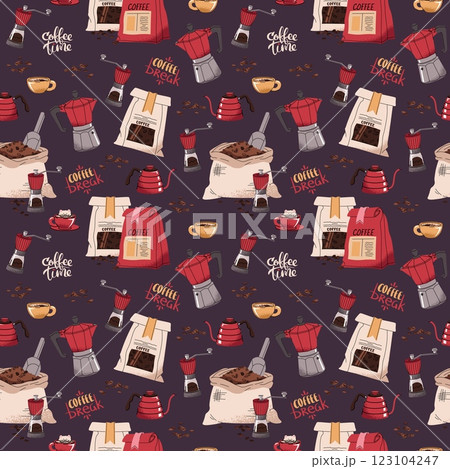 Seamless pattern with coffee bag, moka pot, teapot, coffee grinder. Repeating texture with coffee accessories and tools. Barista tools. Coffee time. Suitable for textile, wallpaper, paper, etc. Seamless pattern with coffee bag, moka pot, teapot, coffee grinder. Repeating texture with coffee accessories and tools. Barista tools. Coffee time. Suitable for textile, wallpaper, paper, etc. 123104247