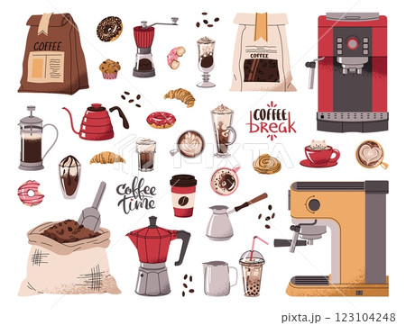 Coffee items set. Elements of coffeeshop. Coffee machines, beans grinder, coffeepots. Various coffee drinks and desserts. Flat vector illustrations isolated on white background 123104248