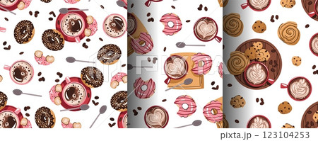Set of Seamless patterns with a cup of coffee and a donut. Repeating texture with a coffee drink and dessert. Coffee time. Suitable for textiles, wallpaper, paper, etc. 123104253
