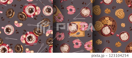 Set of Seamless patterns with a cup of coffee and a donut. Repeating texture with a coffee drink and dessert. Coffee time. Suitable for textiles, wallpaper, paper, etc. 123104254