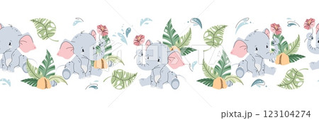 Horizontal seamless border with Cute baby elephant with flower and palm leaves. Vector repeating illustration of African animal for kids wallpaper, tape, fabric etc. 123104274