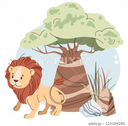 Cute lion cub with baobab and stones on white background. Vector illustration of african animal for children's card, sticker, print, etc. 123104280