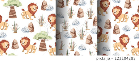 Set of Seamless Patterns with African Animals. Cute children's texture with lion, stone and grass. Vector illustration for children's wallpapers, backgrounds, fabric, etc. Set of Seamless Patterns with African Animals. Cute children's texture with lion, stone and grass. Vector illustration for children's wallpapers, backgrounds, fabric, etc. 123104285