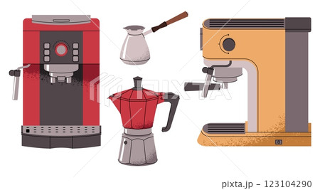 Coffee maker set. Espresso machine and cezve, geyser coffee maker. Equipment for a cafe or bakery for morning energy hot drinks. Flat vector illustrations isolated on white background Coffee maker set. Espresso machine and cezve, geyser coffee maker. Equipment for a cafe or bakery for morning energy hot drinks. Flat vector illustrations isolated on white background 123104290