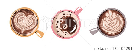 Set of coffee cups, top view. Latte, cappuccino, americano. Hot coffee drink with pattern in mug. Flat cartoon illustration on white background Set of coffee cups, top view. Latte, cappuccino, americano. Hot coffee drink with pattern in mug. Flat cartoon illustration on white background 123104291