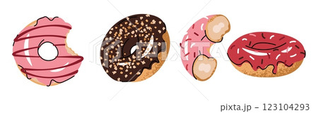 Set of delicious donuts covered with glaze and sprinkles. Delicious dessert for snack, breakfast, lunch in flat cartoon style. Set of delicious donuts covered with glaze and sprinkles. Delicious dessert for snack, breakfast, lunch in flat cartoon style. 123104293