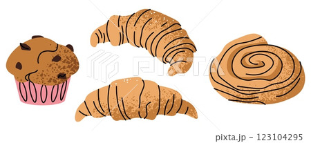 Set of delicious baked goods. Croissant, muffin, bun. Delicious dessert for snack, breakfast, lunch in flat cartoon style Set of delicious baked goods. Croissant, muffin, bun. Delicious dessert for snack, breakfast, lunch in flat cartoon style 123104295