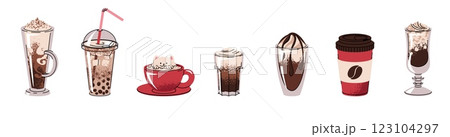 Set of different types of coffee drinks. Espresso, americano cup, cappuccino and latte in paper mug. Flat vector illustrations isolated on white background Set of different types of coffee drinks. Espresso, americano cup, cappuccino and latte in paper mug. Flat vector illustrations isolated on white background 123104297