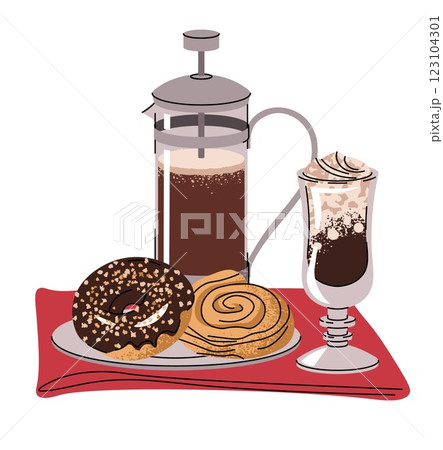 Coffee drink, french press, donut and bun on isolated background. Vector composition of breakfast, lunch in flat cartoon style. Coffee time, coffee break. 123104301