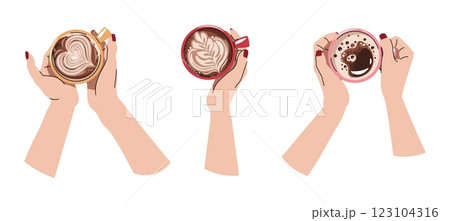 Hands holding coffee drinks, top view. Cappuccino, espresso, Americano, latte Beverage for Breakfast, Lunch or Coffee Break. Flat vector illustrations isolated on white background Hands holding coffee drinks, top view. Cappuccino, espresso, Americano, latte Beverage for Breakfast, Lunch or Coffee Break. Flat vector illustrations isolated on white background 123104316