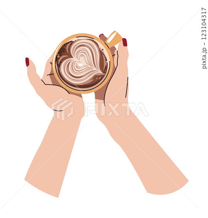 Hands holding coffee drink, top view. Latte, cappuccino, americano. Hot coffee drink with heart in mug. Flat cartoon illustration isolated on white background 123104317