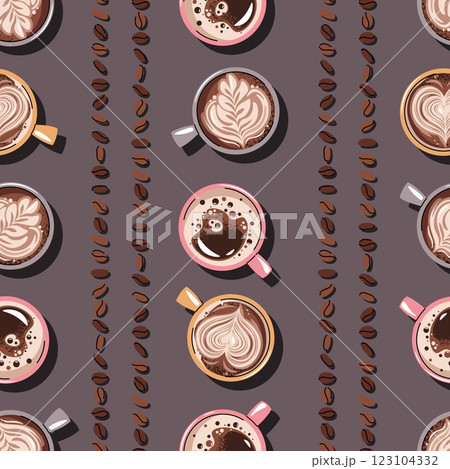 Seamless pattern with a cup of coffee and coffee beans. Repeating texture with hot coffee beverage for fabric, wallpaper, paper, etc. 123104332