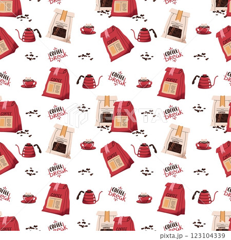 Seamless pattern with coffee bag, coffee pot. Repeating texture with coffee accessories and tools. Barista tools. Coffee break. Suitable for textiles, wallpaper, paper, etc. Seamless pattern with coffee bag, coffee pot. Repeating texture with coffee accessories and tools. Barista tools. Coffee break. Suitable for textiles, wallpaper, paper, etc. 123104339