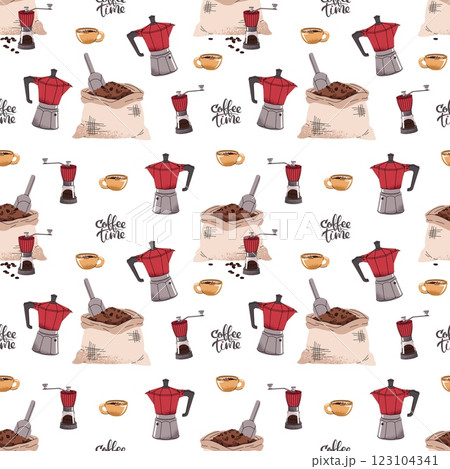 Seamless pattern with coffee bag, moka pot, coffee grinder. Repeating texture with coffee accessories and tools. Barista tools. Coffee time. Suitable for textile, wallpaper, paper, etc. 123104341