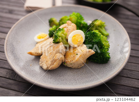 Pieces of fried chicken breast with boiled broccoli and quail eggs on plate for lunch Pieces of fried chicken breast with boiled broccoli and quail eggs on plate for lunch 123104462