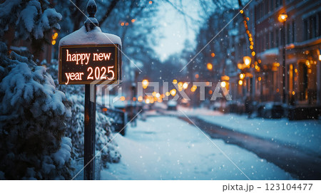 Happy New Year 2025 sign illuminated in snowy urban street at dusk with festive lights and soft snowfall creating a holiday atmosphere Happy New Year 2025 sign illuminated in snowy urban street at dusk with festive lights and soft snowfall creating a holiday atmosphere 123104477
