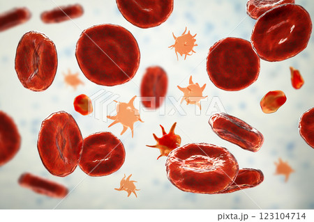Platelets in blood smear, 3D illustration Platelets in blood smear, 3D illustration 123104714