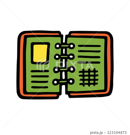 Doodle organizer calendar icon or logo hand drawn with black line in freehand style and colored 123104873