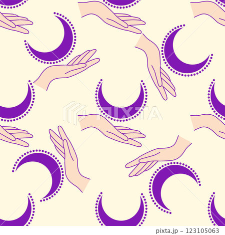 Magic seamless pattern with constellations, sun, moon, magic eyes, clouds and stars. Mystical esoteric background for design 123105063