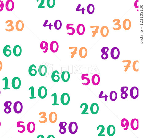 Seamless pattern with beautiful numbers. Ten, twenty, thirty, forty, fifty, sixty, seventy, eighty, ten hundred. Algebra and geometry 123105130