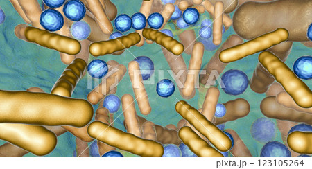 Antibiotic resistant bacteria inside a biofilm, 3D illustration. Realistic scientific background 123105264