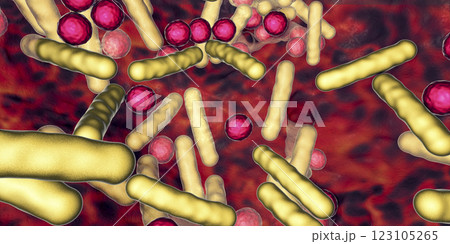 Antibiotic resistant bacteria inside a biofilm, 3D illustration. Realistic scientific background 123105265