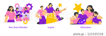 Business process scaling focuses on integrating new team members to enhance collaboration and productivity. This illustration emphasizes teamwork, inspiration, and motivation for success and growth. Business process scaling focuses on integrating new team members to enhance collaboration and productivity. This illustration emphasizes teamwork, inspiration, and motivation for success and growth. 123105316