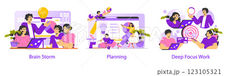 Work focus illustration series. The visuals capture brainstorming sessions, strategic planning stages, and deep focus work moments. Each scene highlights collaboration, creativity, and productivity 123105321