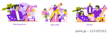 Risk context in professional settings. Emphasizing assessment, taking calculated risks, and achieving success. Illustrates proactive strategies for navigating uncertainties and achieving goals. Vector 123105322