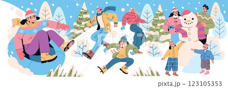 Winter vacation illustration featuring people enjoying outdoor activities like sledding, snowman building, and playing in the snow. A scene full of joy and festive winter spirit among snowy landscapes 123105353