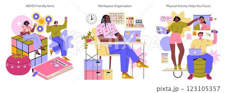 ADHD Friendly illustration set. Visualizes items and strategies to enhance focus and organization for individuals with ADHD. Showcases productivity tools, workspace design, and physical activity 123105357