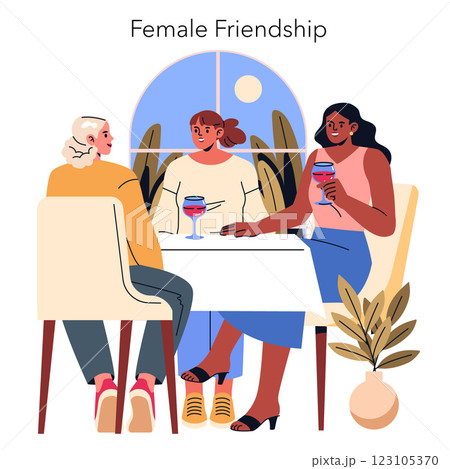 Female friendship illustration. A warm gathering of women enjoying each other's company over drinks in a cozy atmosphere. Represents connection, support, and joy in meaningful relationships. Vector Female friendship illustration. A warm gathering of women enjoying each other's company over drinks in a cozy atmosphere. Represents connection, support, and joy in meaningful relationships. Vector 123105370