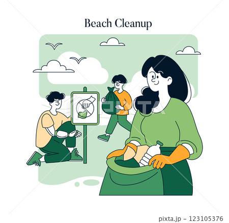Beach Cleanup concept. This illustration portrays individuals participating in an environmental initiative to clean up a beach area. It highlights community involvement, ecological awareness, and the 123105376