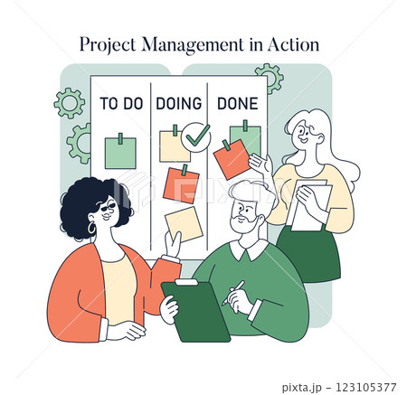 Project Management in Action concept. This illustration captures a dynamic office scene with three team members engage in project management tasks. Individuals collaborate on a visual task board 123105377