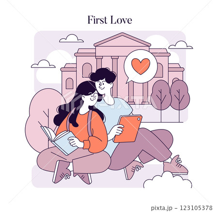 First Love concept. A joyful moment shared between two young individuals surrounded by nature and architecture. Capturing the innocence and excitement of young love, they engage in reading and digital First Love concept. A joyful moment shared between two young individuals surrounded by nature and architecture. Capturing the innocence and excitement of young love, they engage in reading and digital 123105378