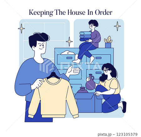 Lifestyle organization and home management are illustrated through a scene of individuals tidying their living space. The characters engage in different activities like sorting clothes, arranging 123105379