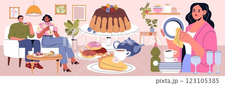 Dinner party scene with friends enjoying dessert and drinks. A woman cleans dishes while two guests engage in conversation, surrounded by a delightful spread of sweet treats and beverages. Vector 123105385