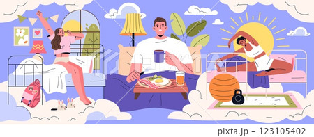 Bed Rotting illustration. People enjoying a relaxing morning at home, engaging in different activities. Themes of comfort, leisure, and self-care are central. The setting evokes a serene ambiance Bed Rotting illustration. People enjoying a relaxing morning at home, engaging in different activities. Themes of comfort, leisure, and self-care are central. The setting evokes a serene ambiance 123105402