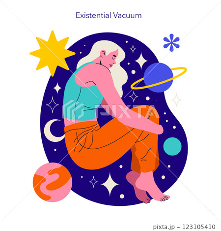 Logotherapy concept. Exploring the theme of existential vacuum, this illustration represents an individual in a contemplative state amidst cosmic elements. The imagery captures feelings of 123105410