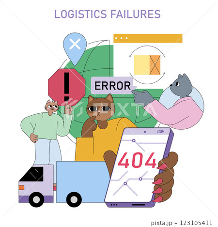 Logistics failures concept. Illustrating issues in supply chain management with humorous characterizations. Emphasizes the challenges in accuracy, communication, and technology in logistics. Vector 123105411
