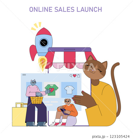 Online sales launch concept. This illustration captures the excitement of launching an online store with characters engaging in shopping activities. A cat character smiles while customers interact 123105424