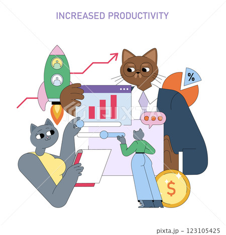 Increased productivity is represented through a creative scene featuring anthropomorphic cats engaging in business activities. The illustration highlights data analysis, teamwork, and goal setting Increased productivity is represented through a creative scene featuring anthropomorphic cats engaging in business activities. The illustration highlights data analysis, teamwork, and goal setting 123105425