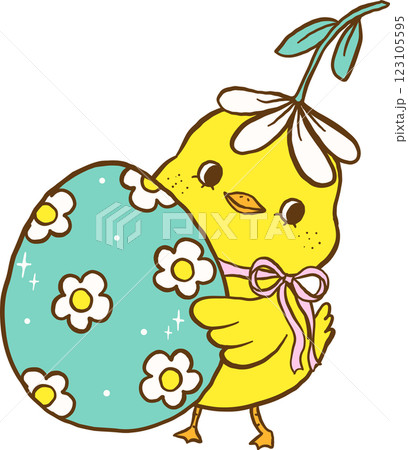 Cute Easter Chick with Spring Egg Cartoon Hand Drawn 123105595