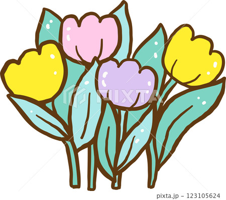 Retro Colorful Tulips with leaf hand drawn 123105624