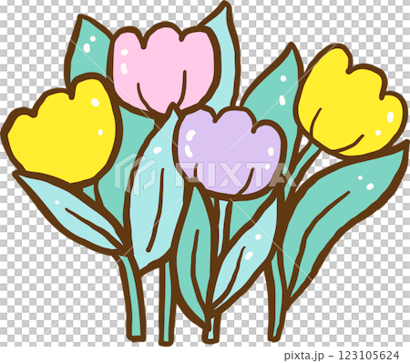Retro Colorful Tulips with leaf hand drawn 123105624