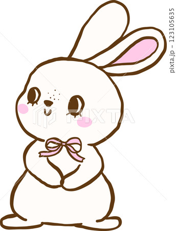 Cute White Bunny with Pink Bow Cartoon Hand Drawn 123105635